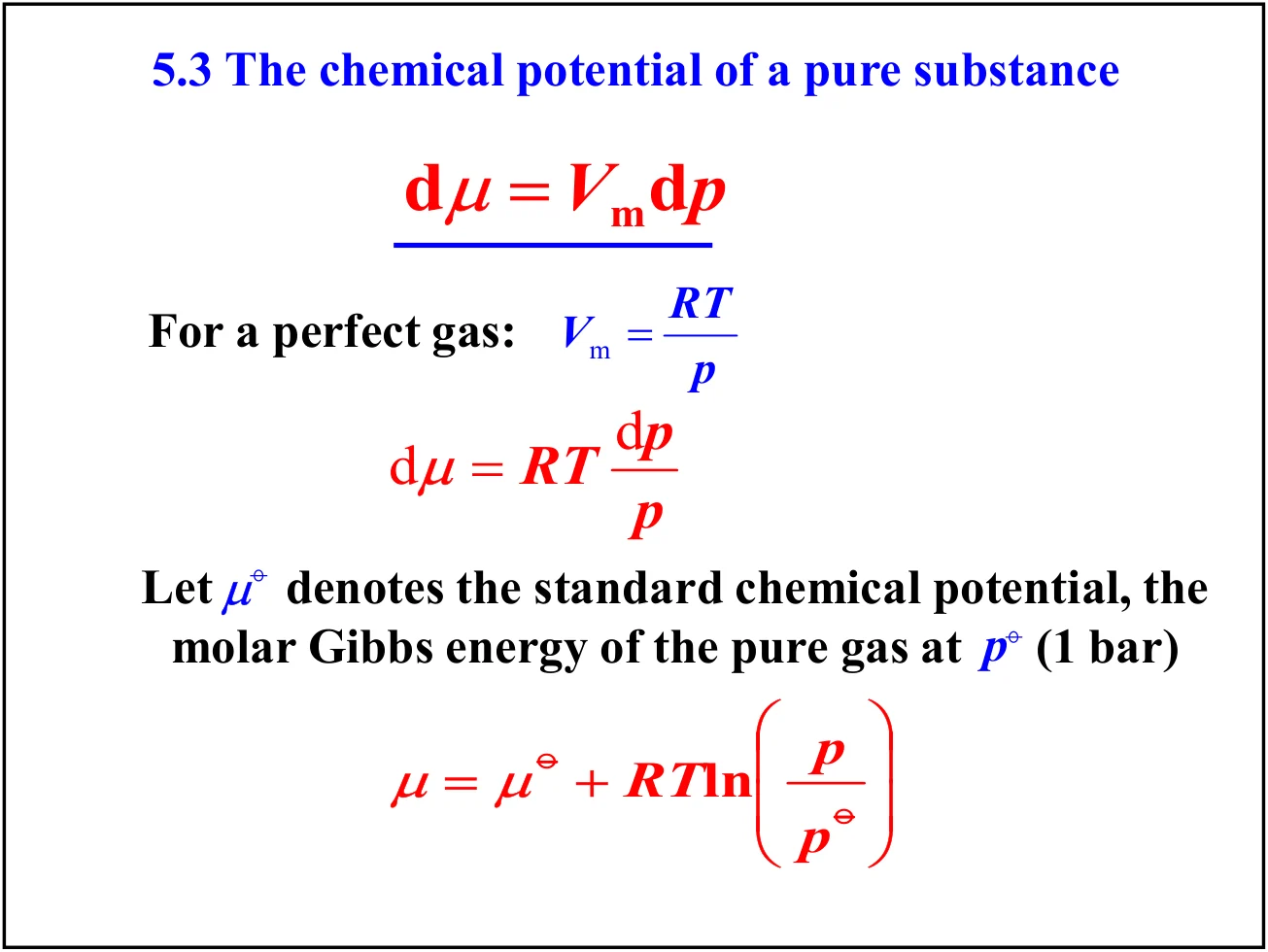 化学势的定义 μ = Gm 与 dμ = Vm dp，以及对理想气体积分得到 μ = μ° + RTln(p/p°)